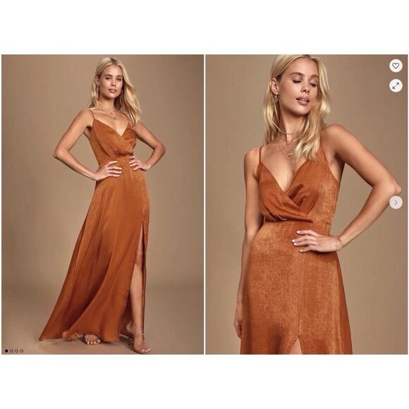 LULUS Constantine Rust Orange Satin Cocktail Wedding Guest Maxi Dress XSmall - Picture 1 of 8